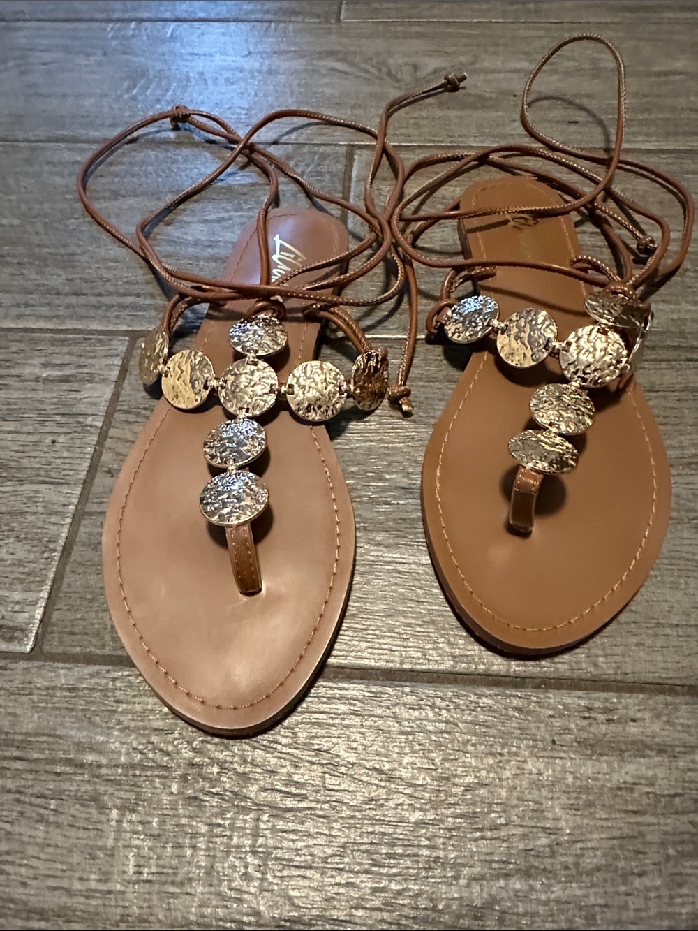 Women’s New Lace-Up Brown Sandals with Gold Discs size 7.5